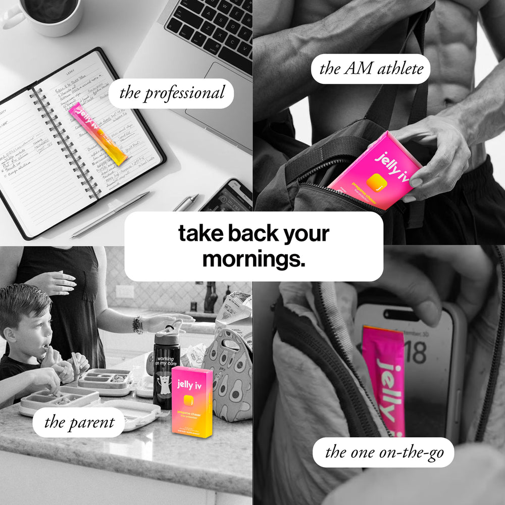 Jelly IV fast morning relief stick with glass and water conveys hydration aid.