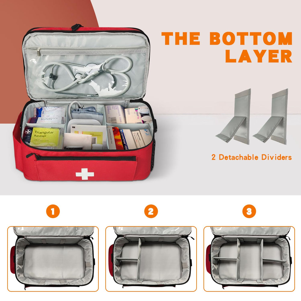Jenlan Travel Medicine Bag Organizer lower compartment open with movable dividers