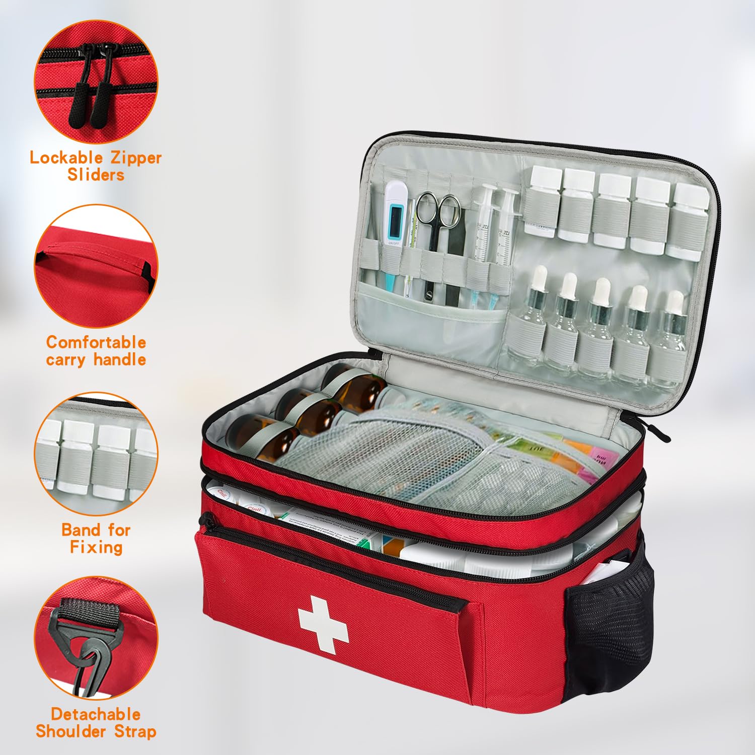 Jenlan Travel Medicine Bag Organizer upper layer open for organized pills and gadgets