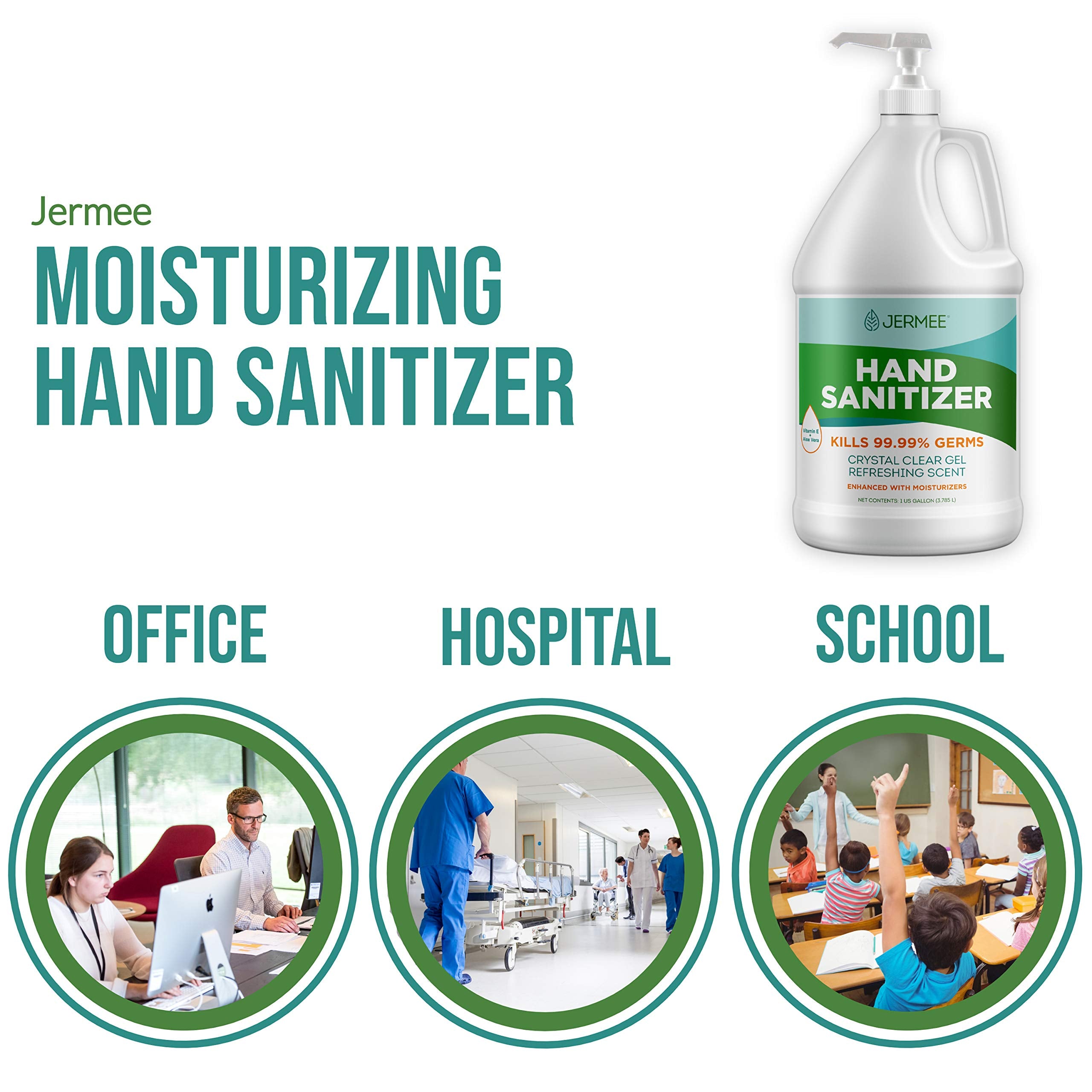 JerMee pump-dispense action for quick, mess-free hand sanitizing.