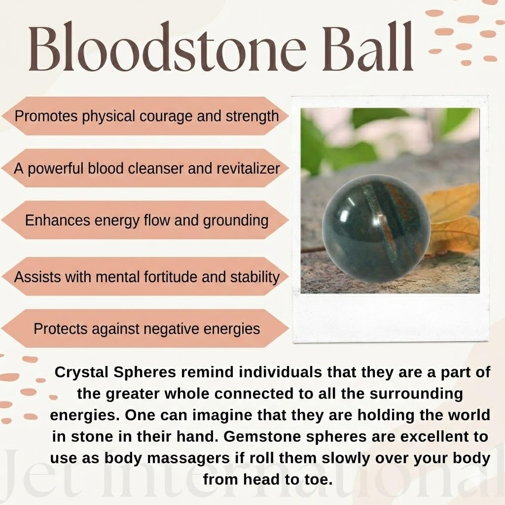 Jet International Bloodstone ball on shelf accentuates décor with earthy tones.