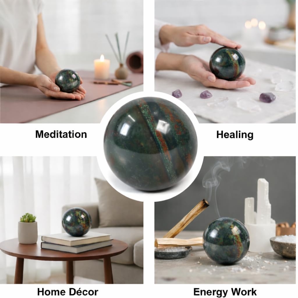 Jet International Bloodstone ball under soft light reveals rich patterns and vitality vibes.