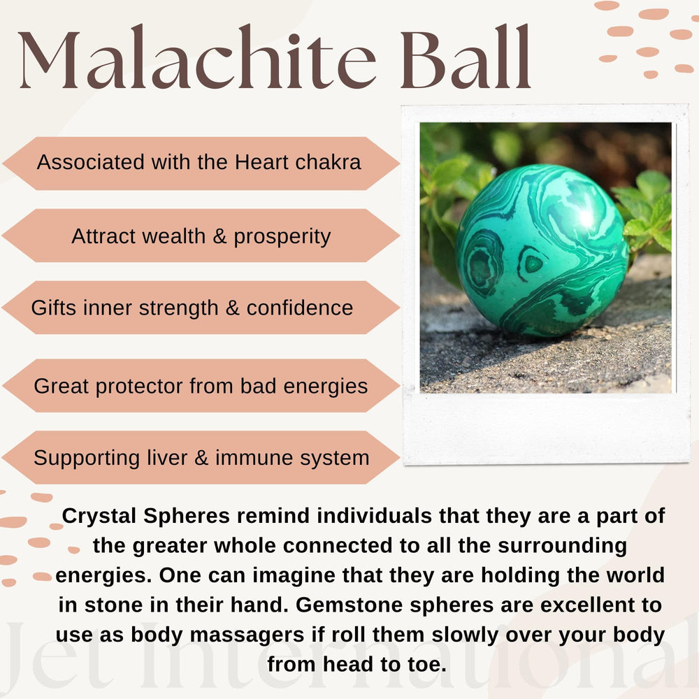 Jet International malachite sphere used for heart chakra meditation and yoga work