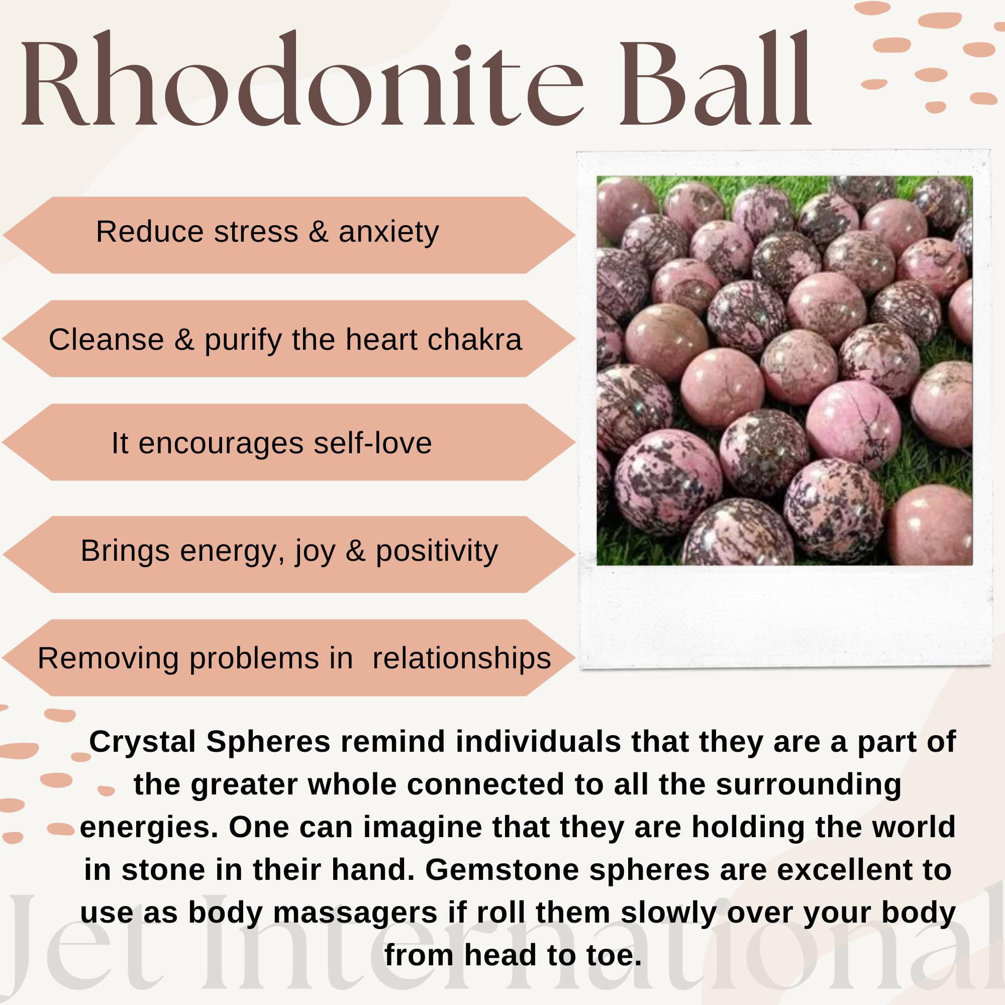 Jet International Rhodonite Sphere enhances heart chakra alignment and inner calm.