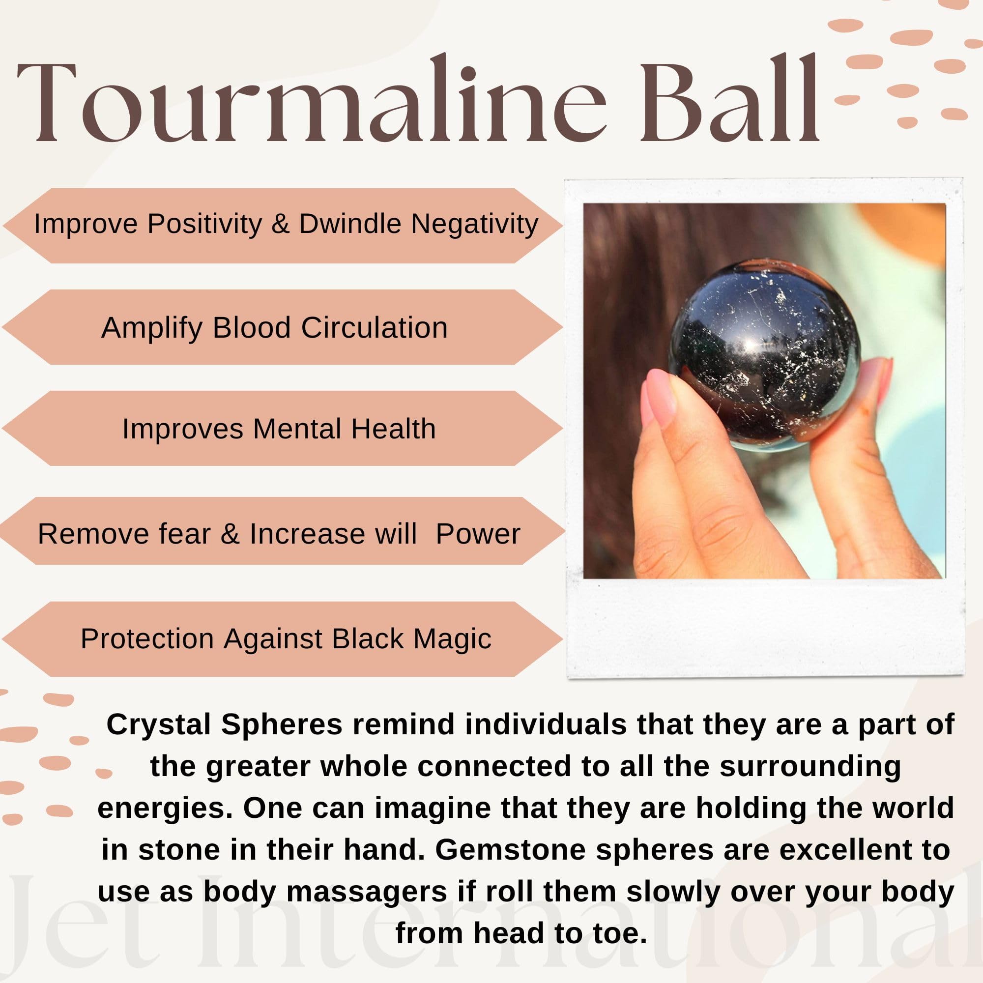 Jet International Jet Black Tourmaline Ball close-up polished detail reveals natural gemstone beauty.