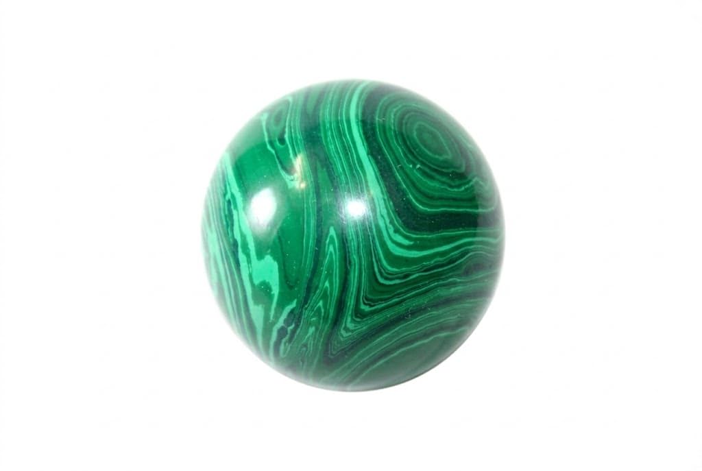 Jet International malachite sphere 50-55 mm showing vivid green banding for positive energy
