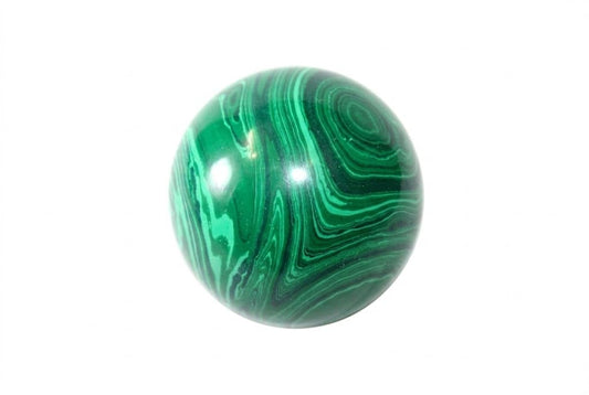 Jet International malachite sphere 50-55 mm showing vivid green banding for positive energy
