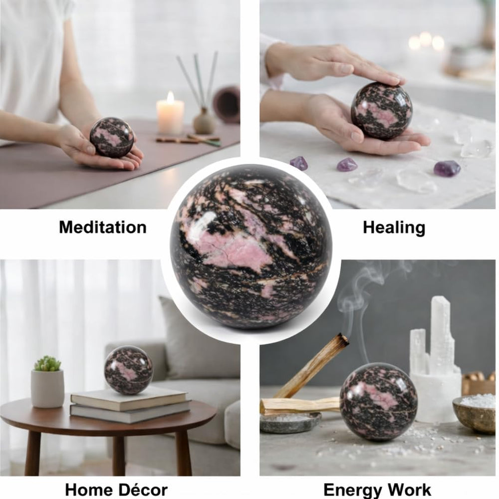 Jet International Rhodonite Sphere complements Reiki sessions and energy work.