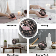 Jet International Rhodonite Sphere complements Reiki sessions and energy work.