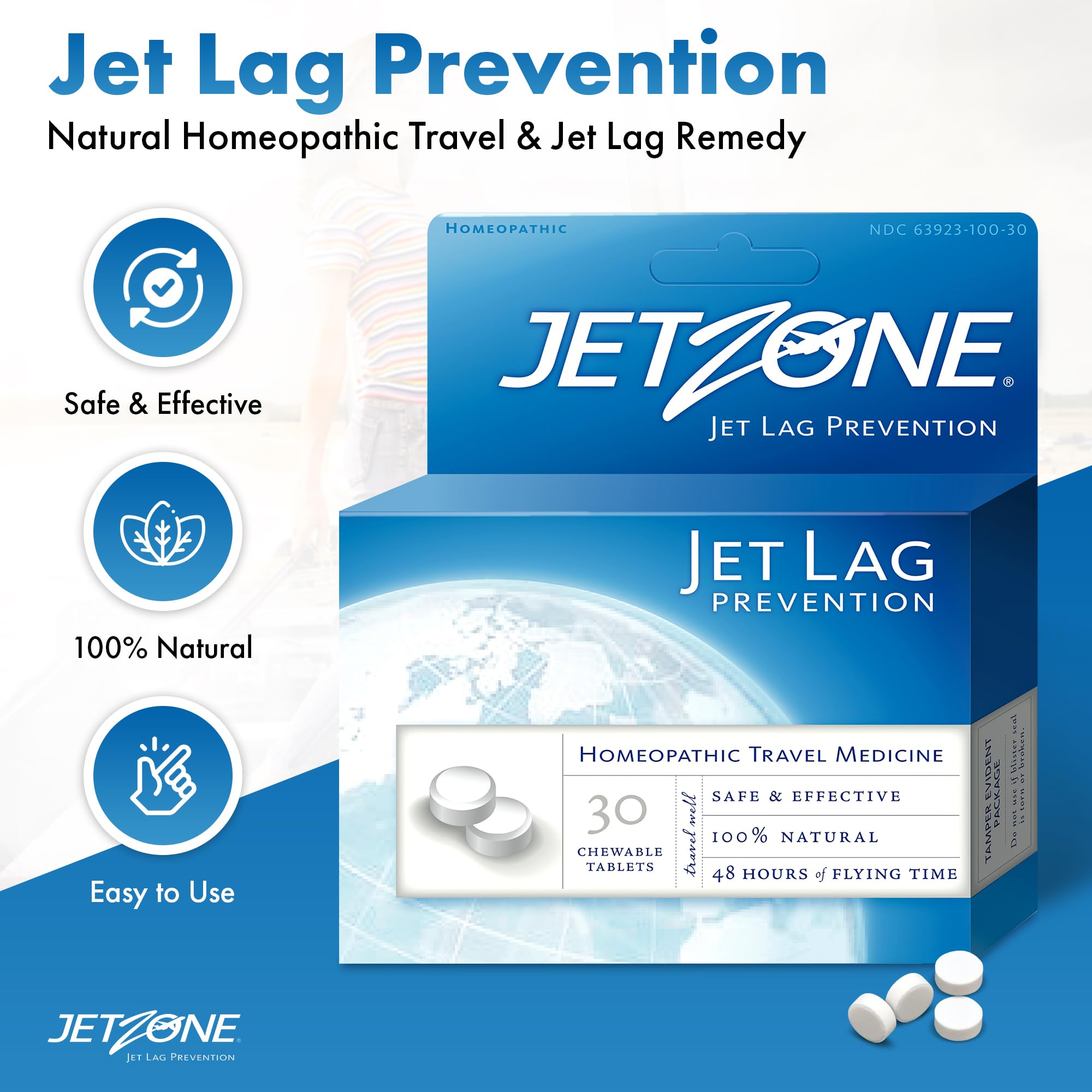 JetZone two-pack blister provides portable relief for jet lag symptoms.