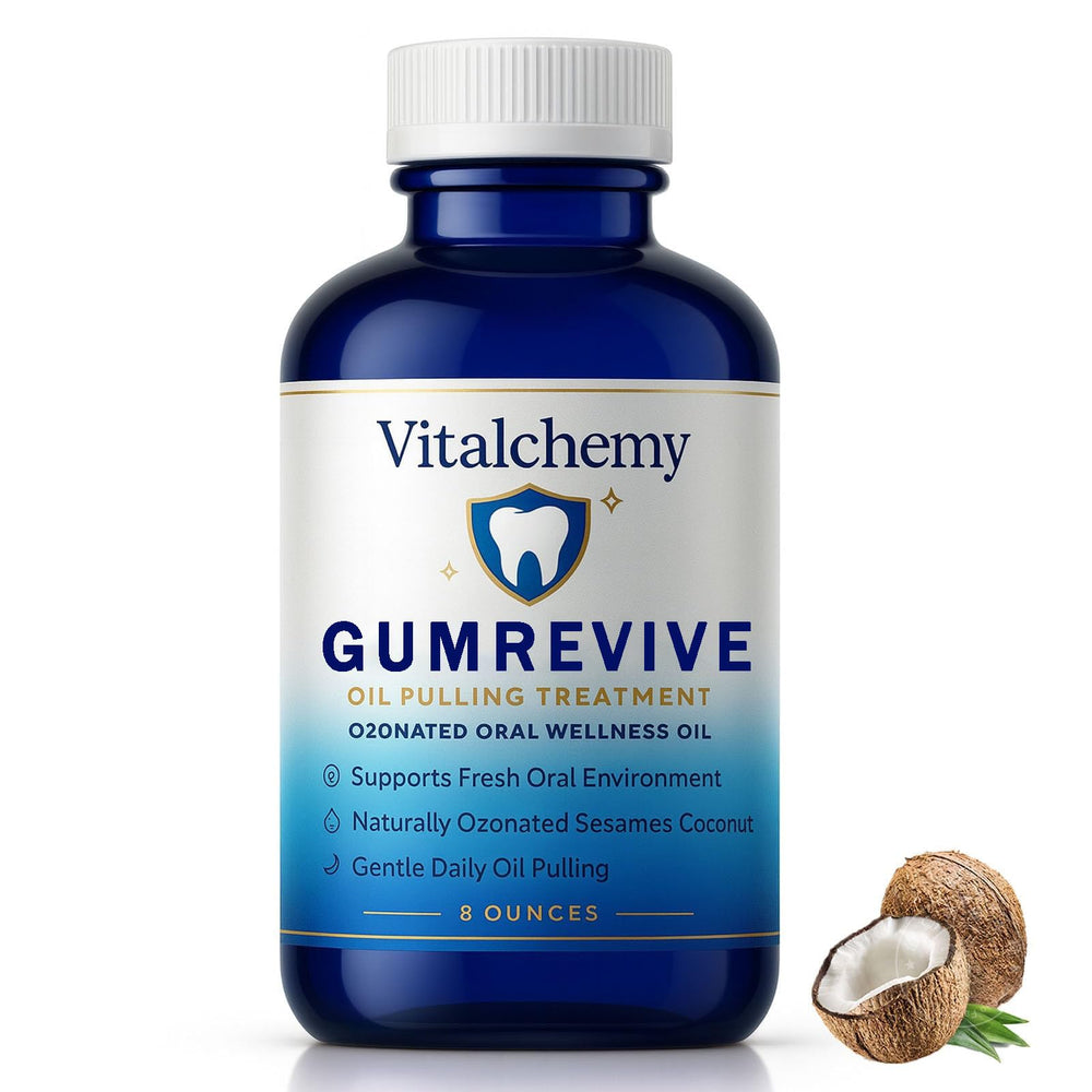 Vitalchemy ozonated oil pulling bottle with coconut peppermint for daily oral freshness.