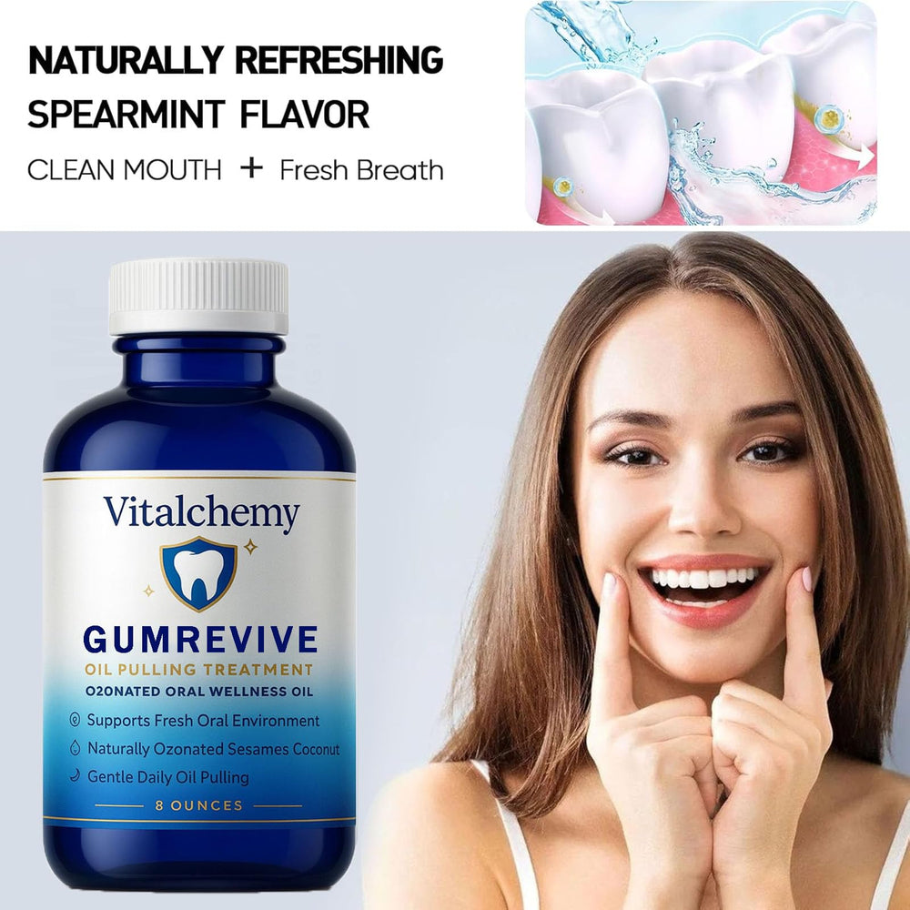Vitalchemy peppermint-scented oil pulling for a cool, clean mouth feel.
