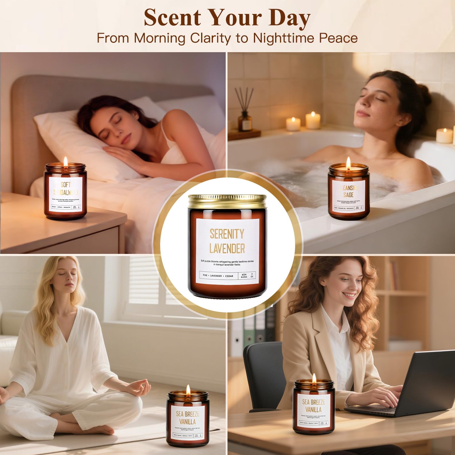 JGXLQ Soft Sandalwood candle in a glass jar for grounding warmth.