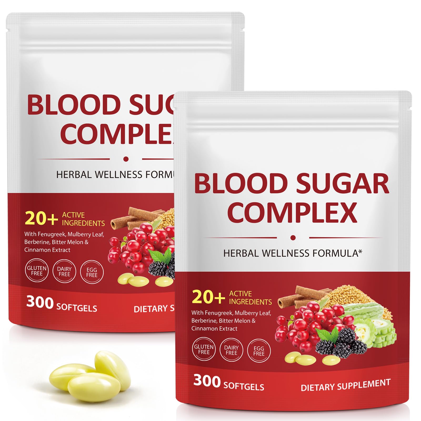 J&amp;H Blood Sugar Complex bottle side view with 300 softgels for daily use.