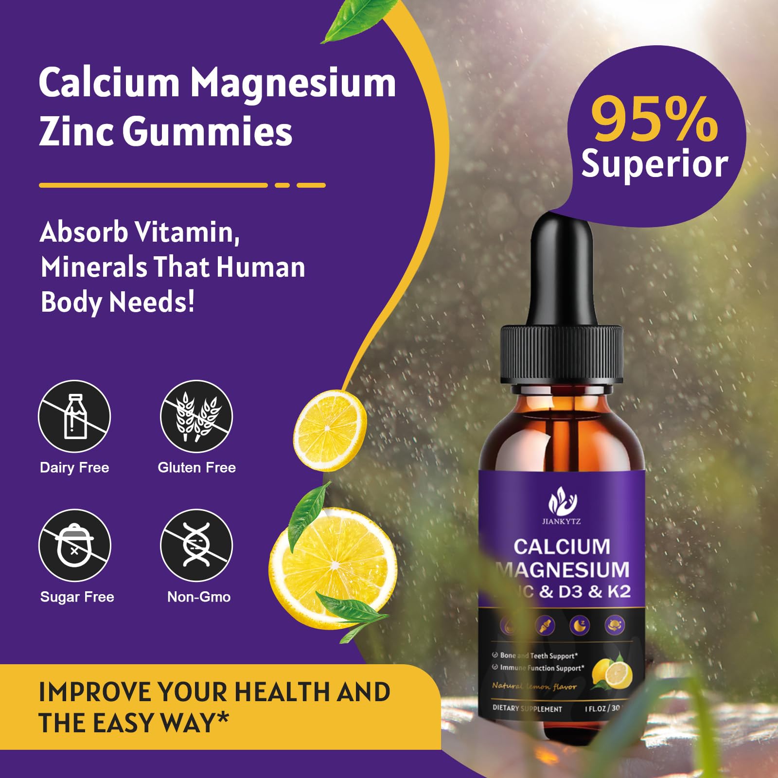 jiankytz calcium magnesium zinc liquid drops packaging highlights premium vegan formula
