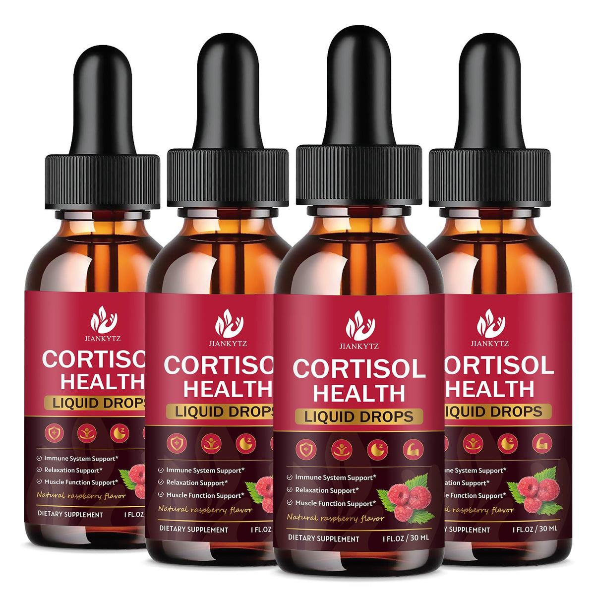 JIANKYTZ Cortisol Liquid Drops bottle close-up with raspberry flavor for daily use.