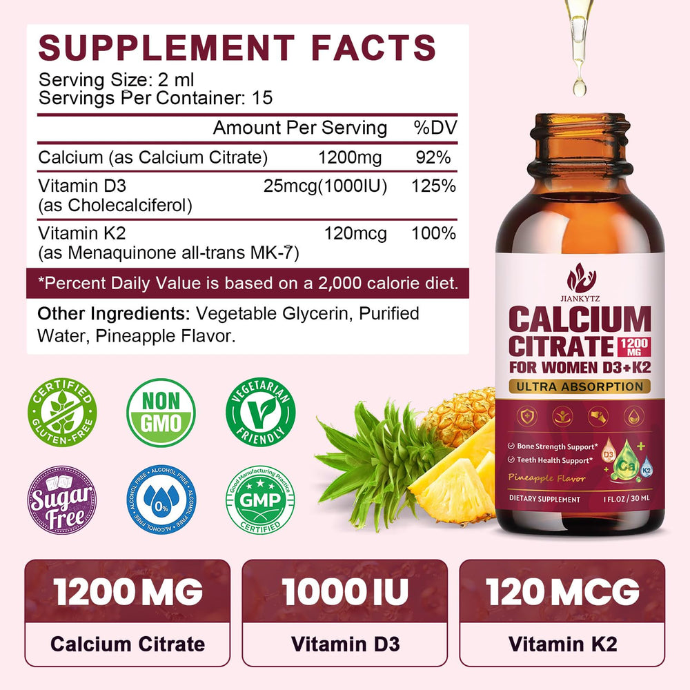 JIANKYTZ calcium citrate liquid drops pour demonstrates quick absorption and convenient dosing.