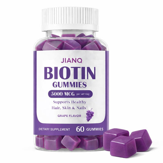 JianQ Biotin Gummies bottle showing 5000 mcg per serving for hair support.