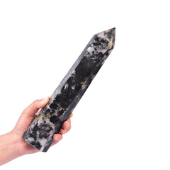 JIC Gem black and white tourmaline obelisk with six facets for energy focus and protection