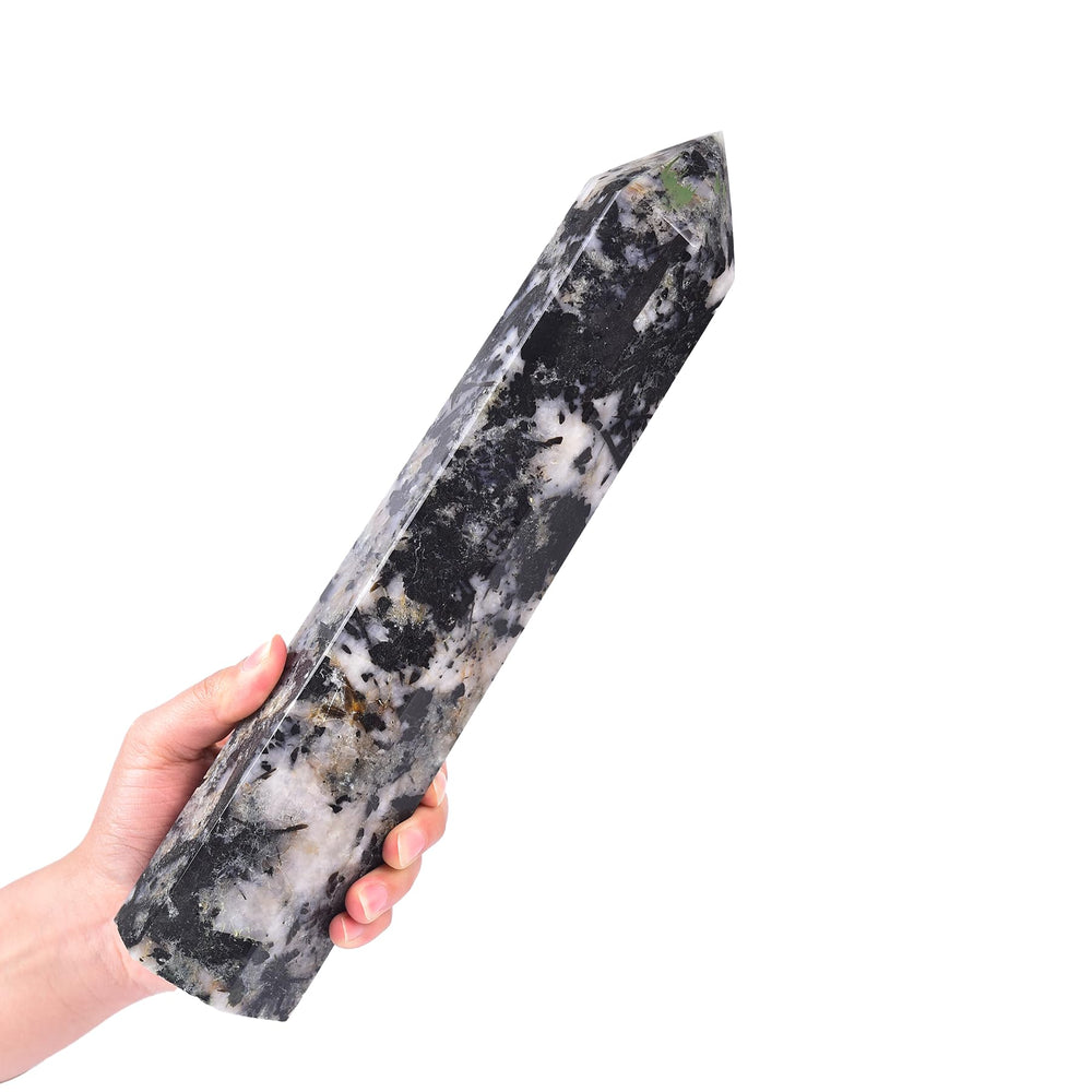 JIC Gem black and white tourmaline obelisk tower for energy protection and calm focus.