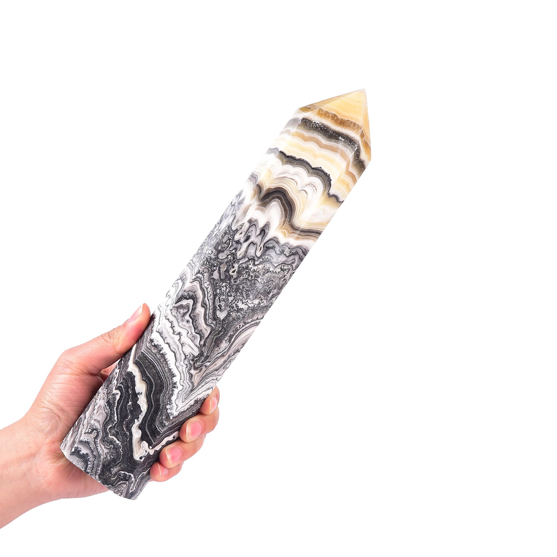 JIC Gem black-yellow calcite obelisk tower front view for energy focus