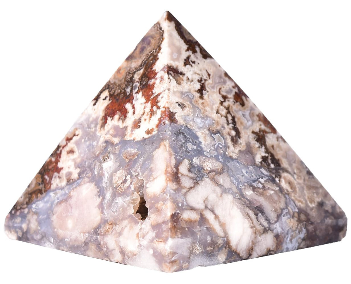 JIC Gem blue cherry blossom agate pyramid on desk for calm focus.