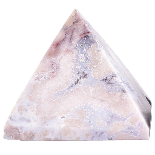 The JIC Gem blue cherry blossom agate pyramid adds a tranquil focal point to home decor.