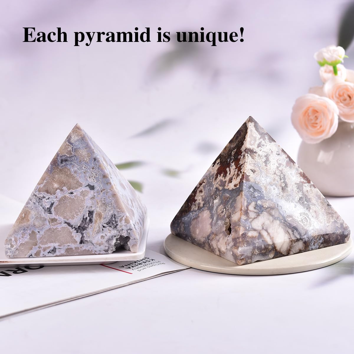 JIC Gem blue cherry blossom agate pyramid creates serene ambiance for yoga and reflection.