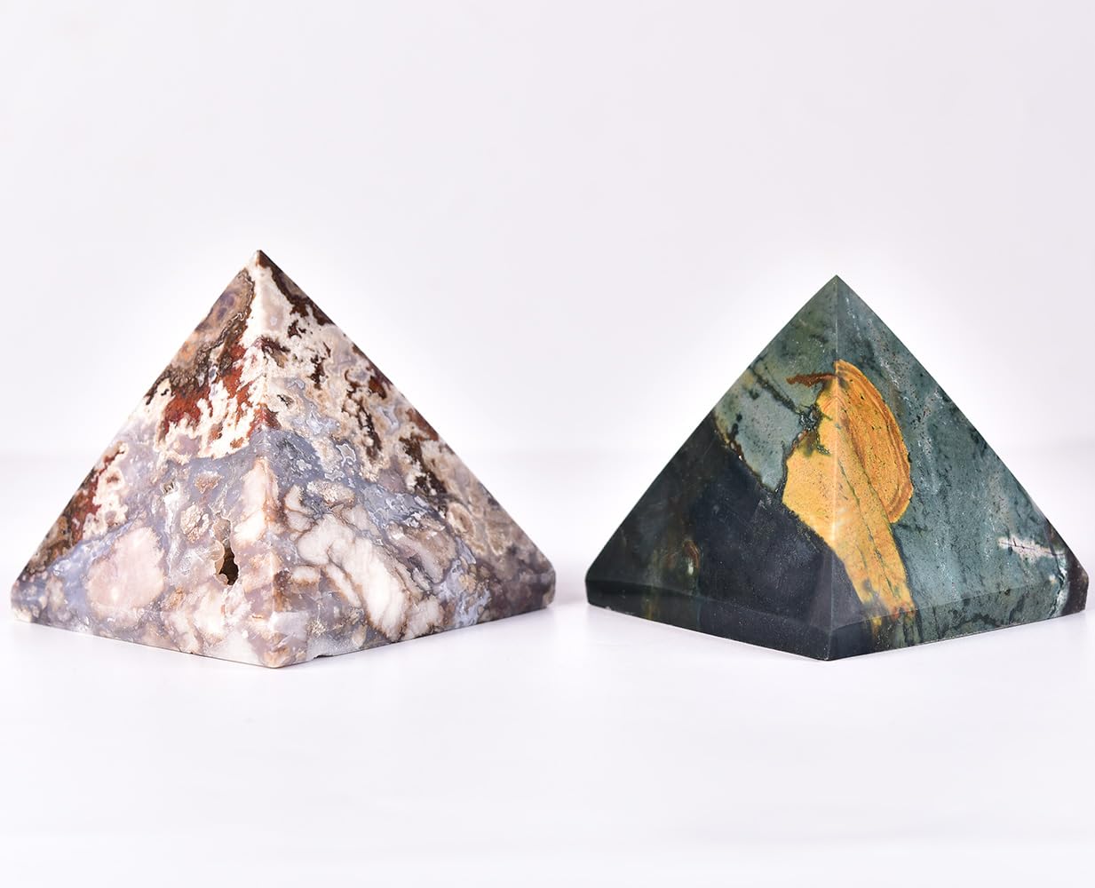 JIC Gem blue cherry blossom agate pyramid serves as a natural paperweight and decor accent.