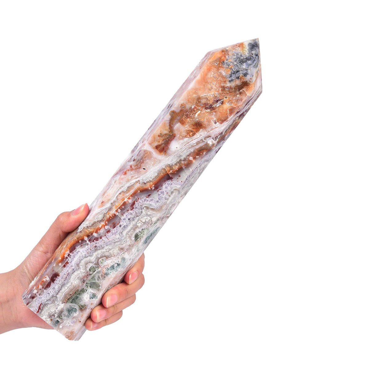 JIC Gem large quartz crystal wand with striped agate tower highlighting calming energy