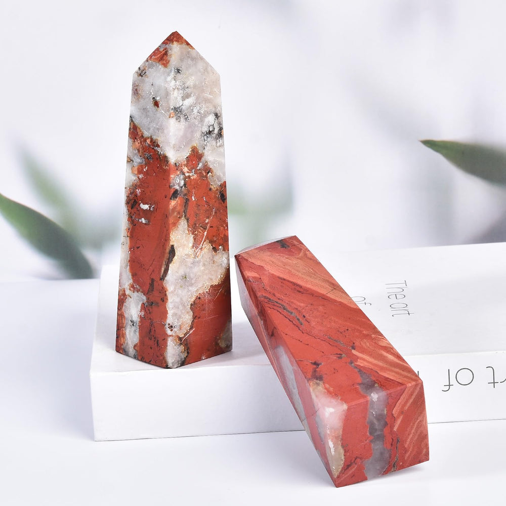JIC Gem red jasper obelisk decor enhances space ambiance.