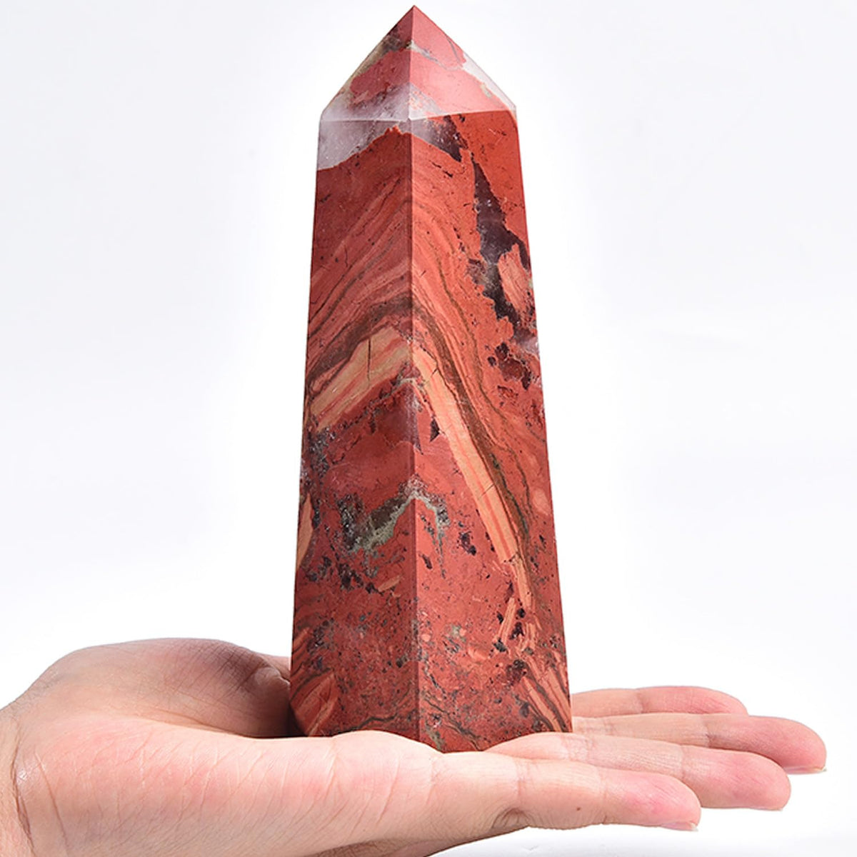 JIC Gem red jasper tower with four facets for grounding energy.