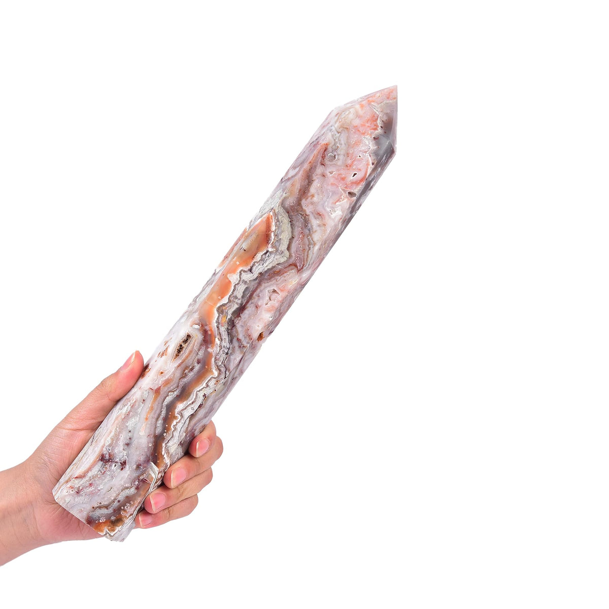JIC Gem striped agate quartz wand tower, ideal for chakra balance and meditation rituals.