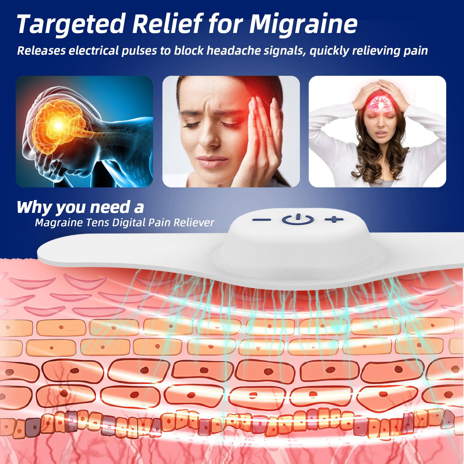 JICHAMOXY TENS electrodes on forehead provide customizable pain mitigation sessions.