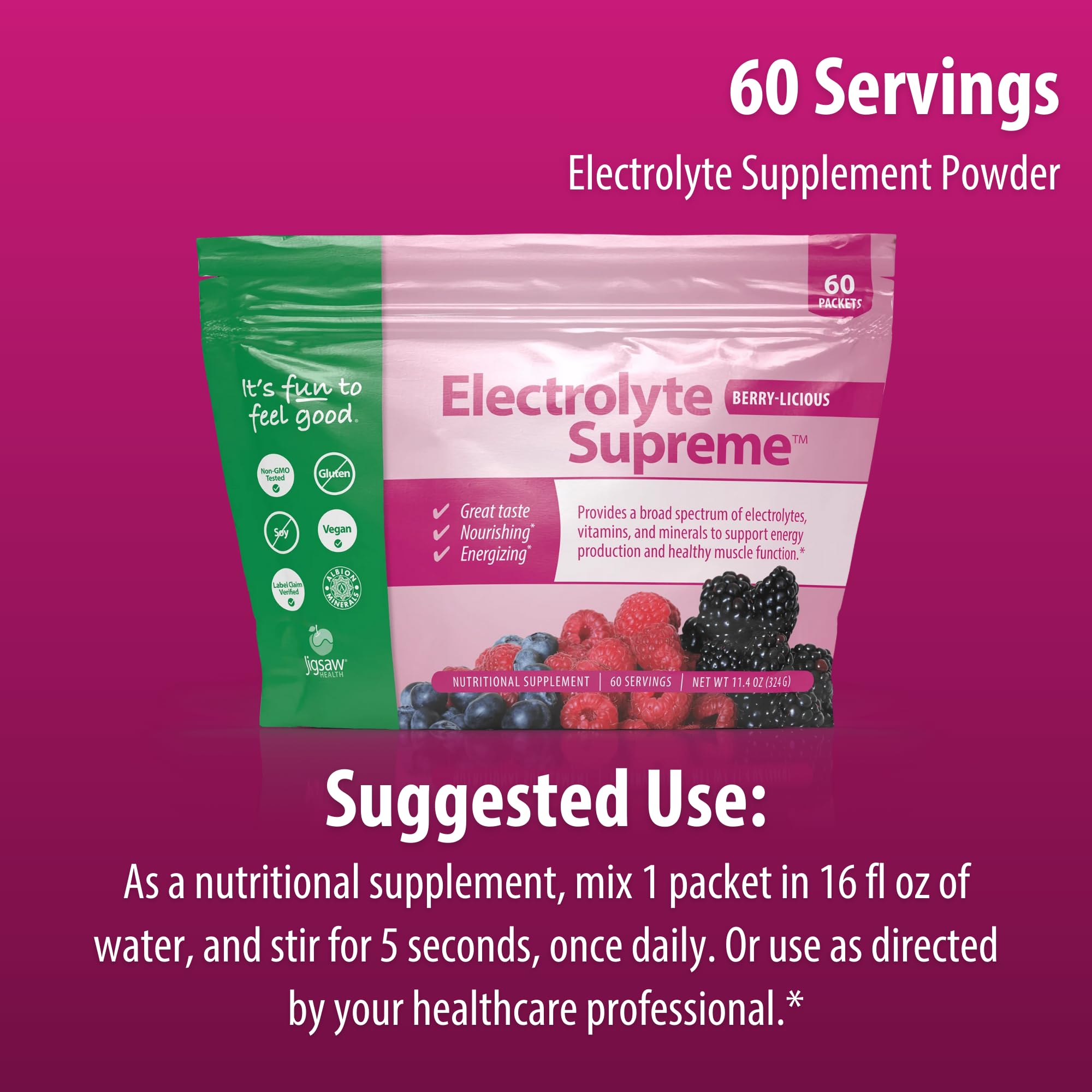 Jigsaw Electrolyte Supreme 60 servings packaging highlights value and convenience.