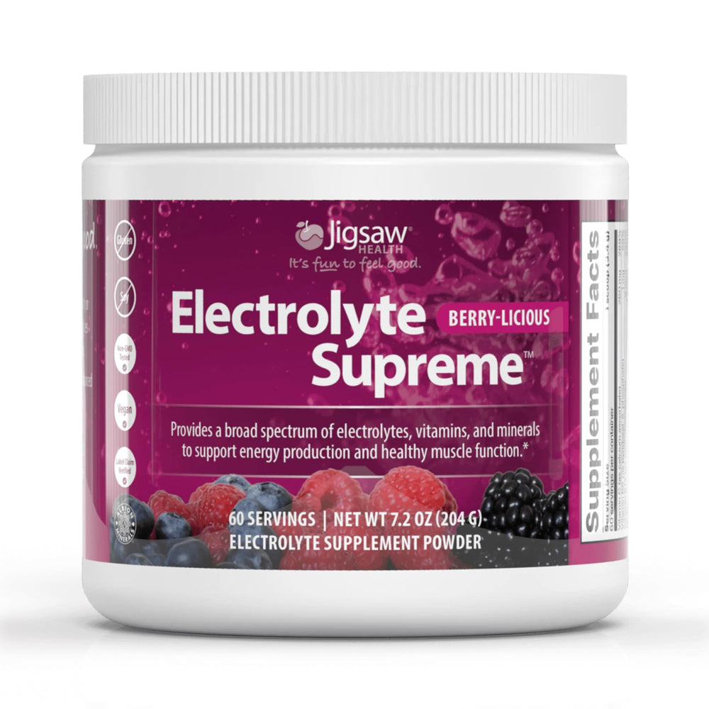 Jigsaw Electrolyte Supreme Berry-Licious bottle ready for daily hydration and energy support.