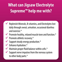 Jigsaw Electrolyte Supreme Berry-Licious pour over water for flavorful hydration.