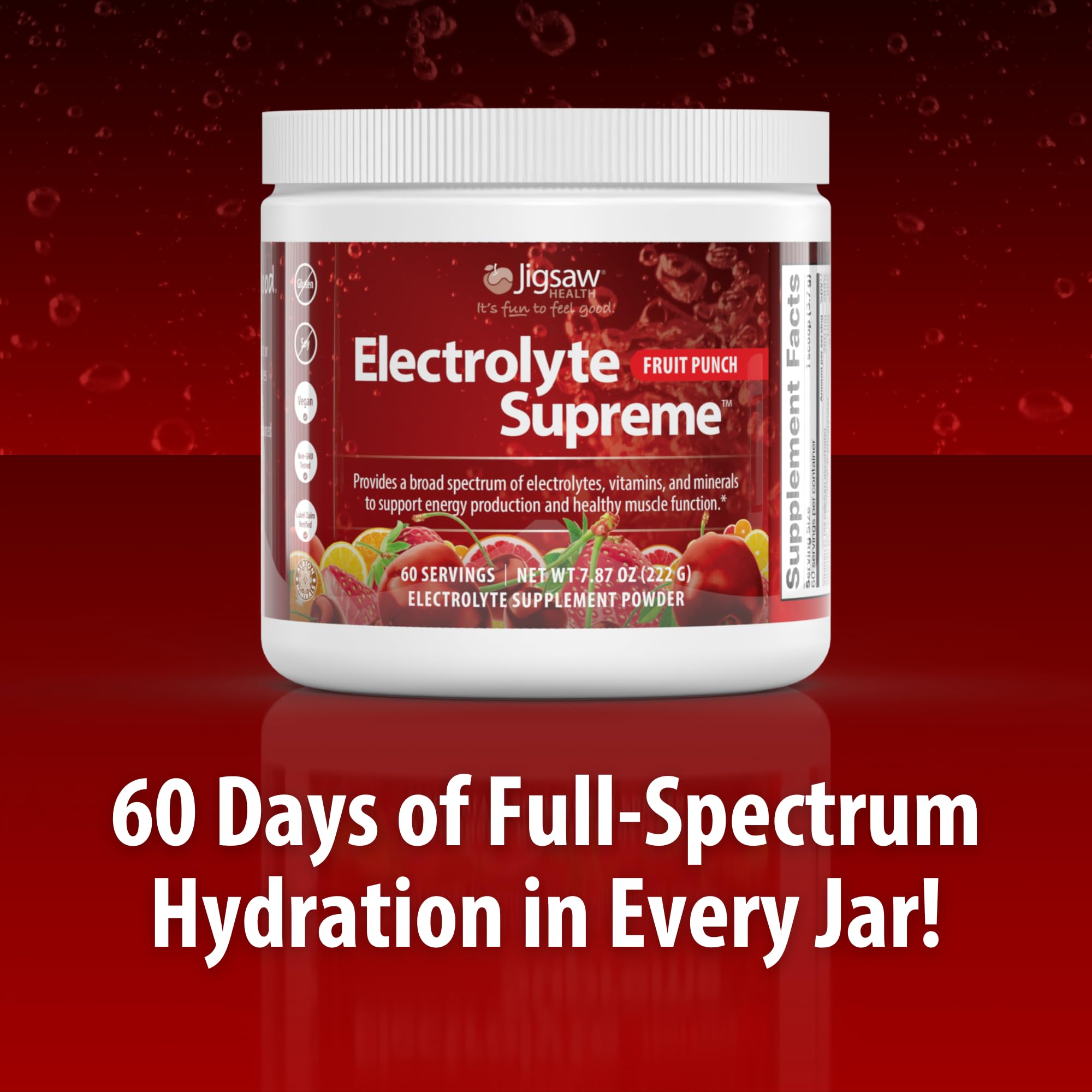 Jigsaw Electrolyte Supreme jar label front communicates 60 servings