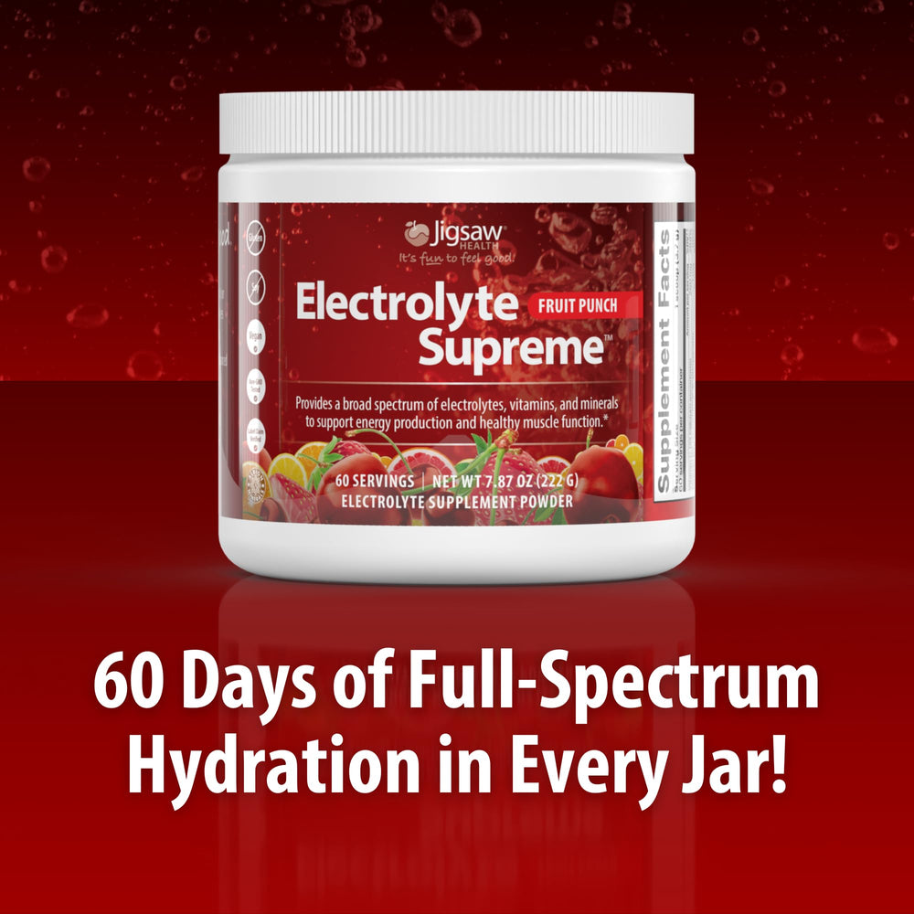 Jigsaw Electrolyte Supreme jar label front communicates 60 servings
