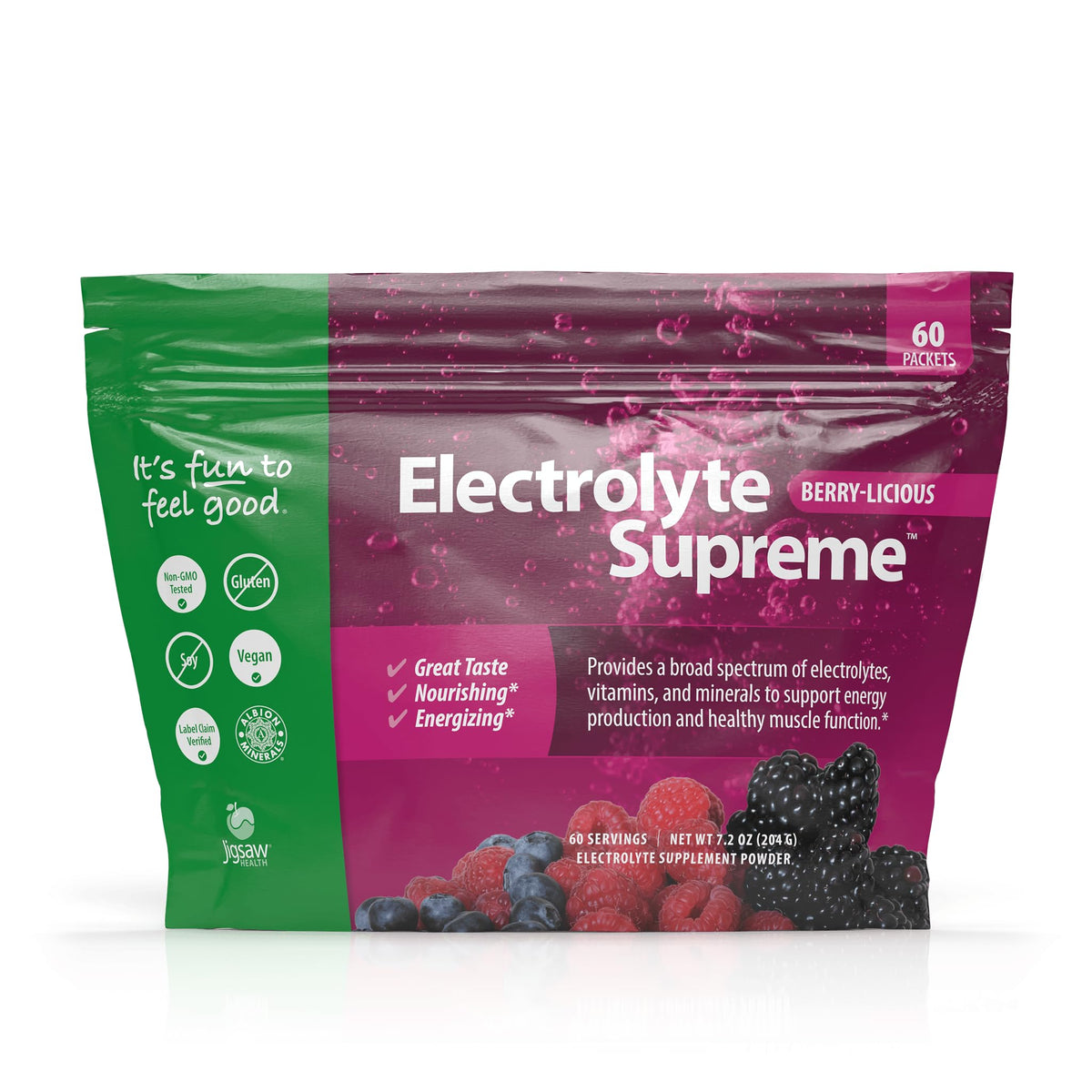 Jigsaw Health Electrolyte Supreme packets dissolve in water for quick hydration.
