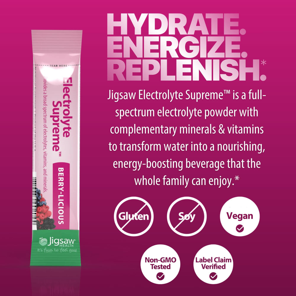 Jigsaw Health Electrolyte Supreme scoop measures powder for easy mixing.