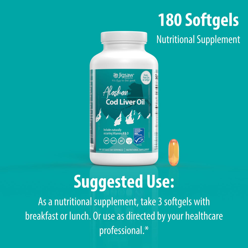 Jigsaw Health Alaskan Cod Liver Oil bottle on kitchen shelf.