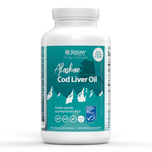 Jigsaw Health Alaskan Cod Liver Oil bottle shows omega-3 content for daily wellness.