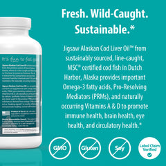 Jigsaw Health Alaskan Cod Liver Oil MSC certification seal on packaging.