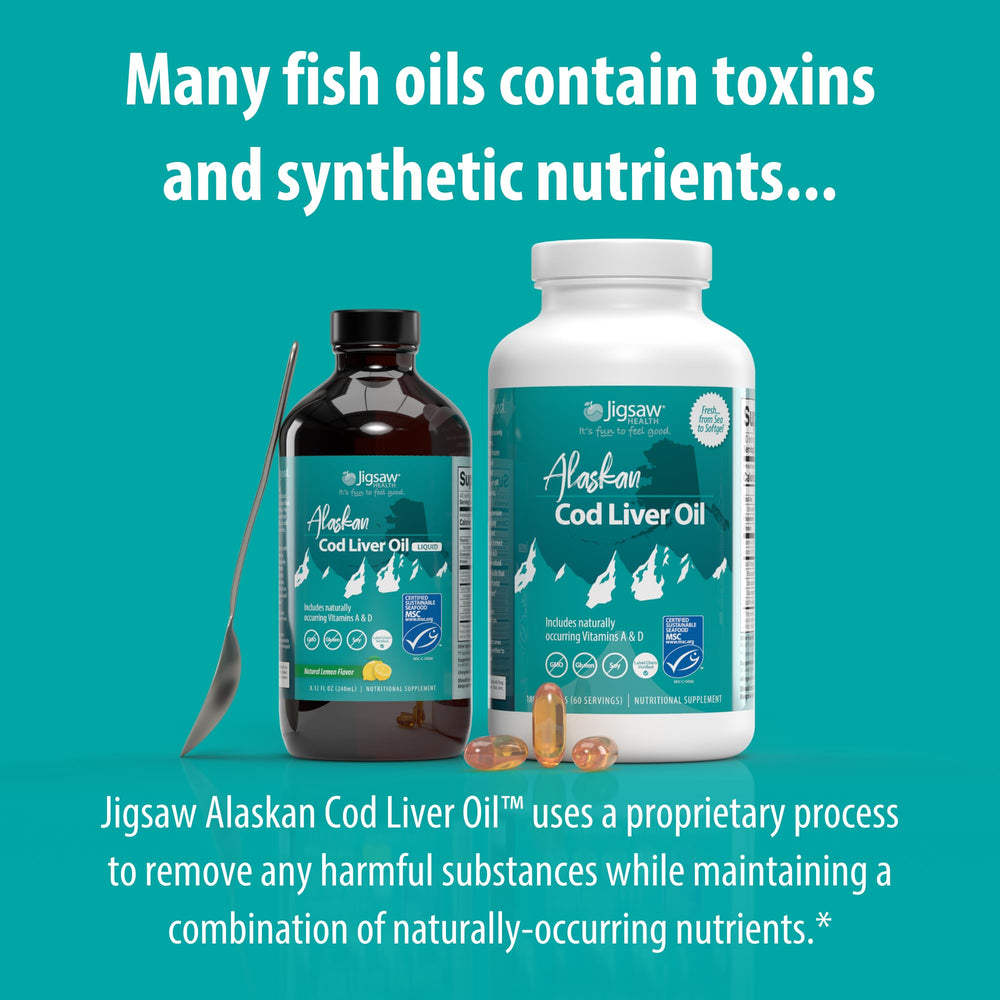 Jigsaw Health Cod Liver Oil nutrition facts panel shows EPA, DHA, DPA.