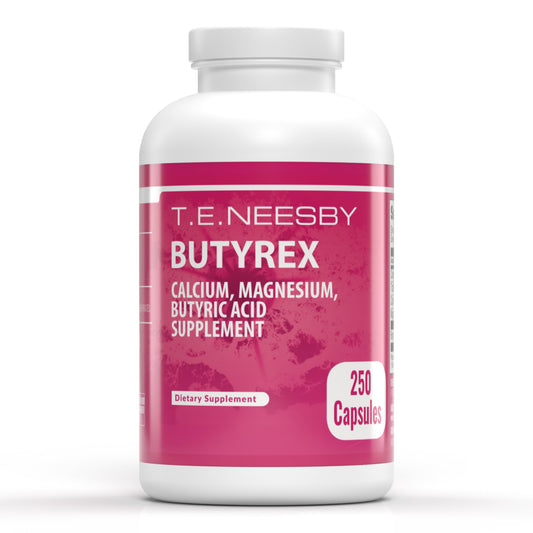Jigsaw Health Butyrex bottle front view highlighting 250 capsules for daily gut support.