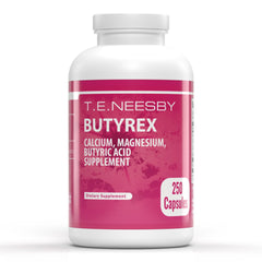 Jigsaw Health Butyrex bottle front view highlighting 250 capsules for daily gut support.