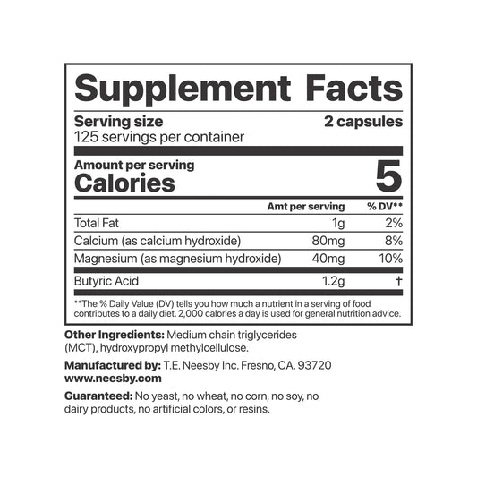 Jigsaw Health Butyrex capsules close-up showing calcium/magnesium butyrates for colon health.