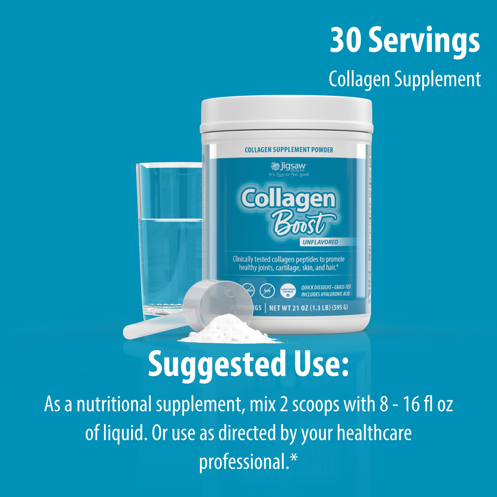 Jigsaw Health Collagen Boost packaging-design emphasizes grass-fed collagen origin.