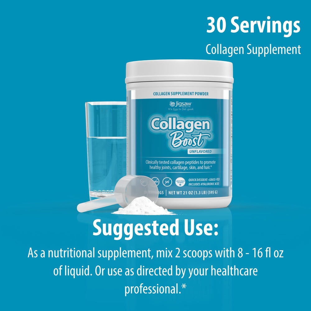 Jigsaw Health Collagen Boost packaging-design emphasizes grass-fed collagen origin.